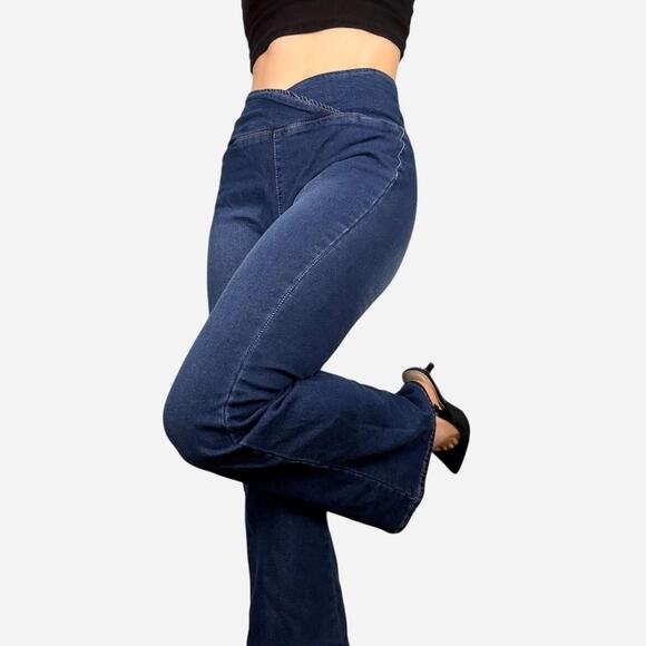 Cross front dark wash flare jeans sexy butt zipper enclosure stretchy size XS - Picture 1 of 8